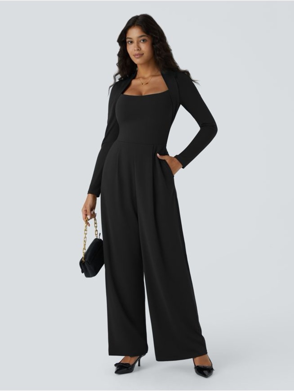 HALARA NWT Black Wide-Leg Jumpsuit Long-Sleeve Easy Peasy Medium Reg. - Picture 2 of 9
